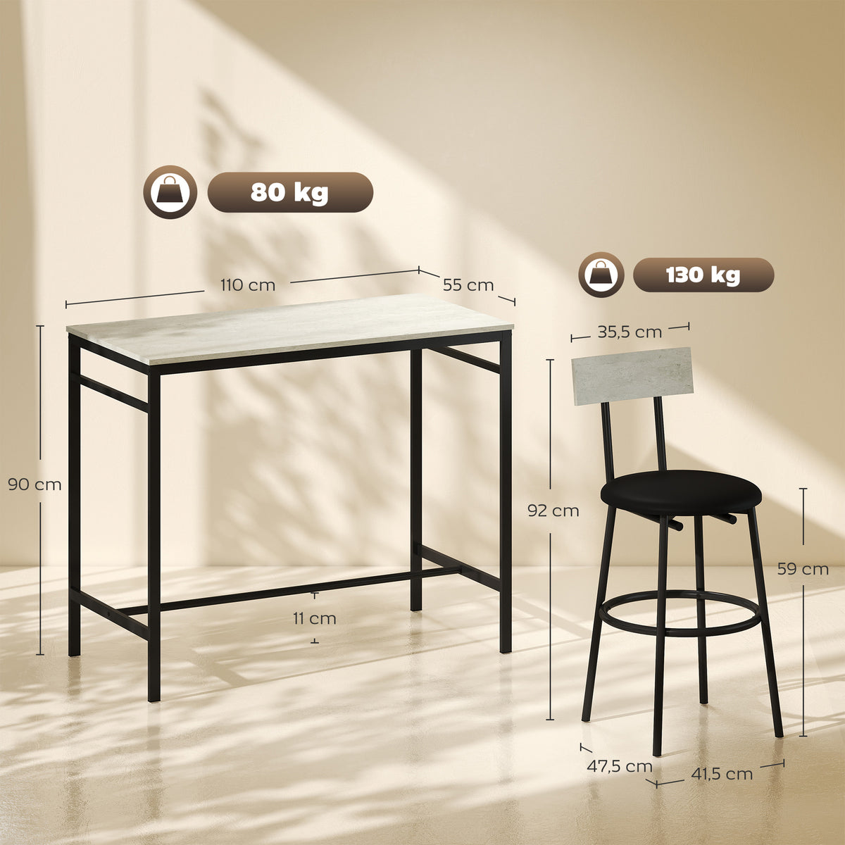Ensemble table de bar avec tabourets, table haute bar et 4 tabourets, structure en acier, 110 x 55 x 90 cm, blanc-2