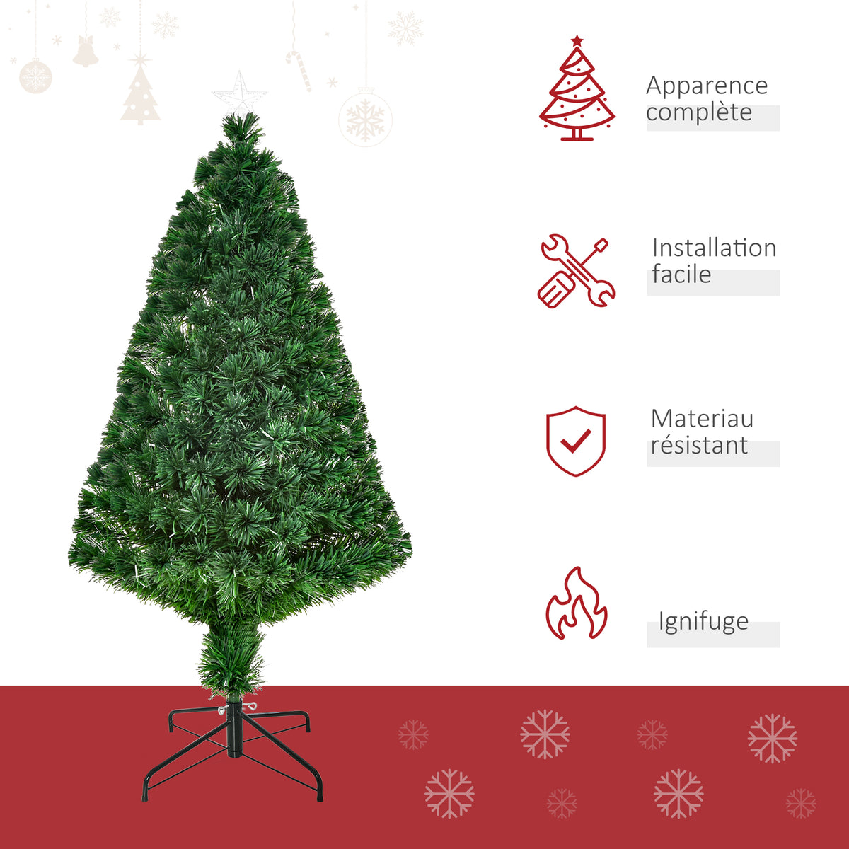 Sapin Noël Artificiel Lumineux 120H cm Fibre Optique Multicolore + Support Pied 130 Sommet Brillante Vert-3