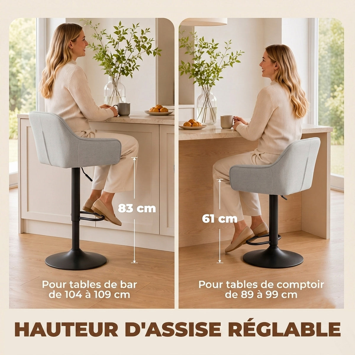 Tabourets de Bar Lot de 2, Chaises de Bar en Chenille, Hauteur Réglable, Pivotant 360°, Dossier et Repose-Pieds, Gris-4