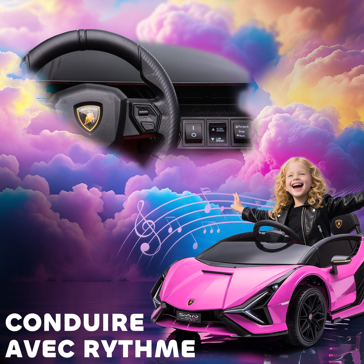 Voiture électrique Enfants de Sport Véhicule électrique Lamborghini Sian 12 V - V. Max. 5 Km/h avec Télécommande 2,4G Effets sonores + Lumineux Rose-6