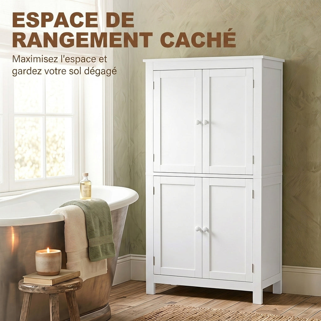 Meuble de salle de bain, meuble de rangement étroit avec 4 portes et étagères réglables, style moderne, blanc-3