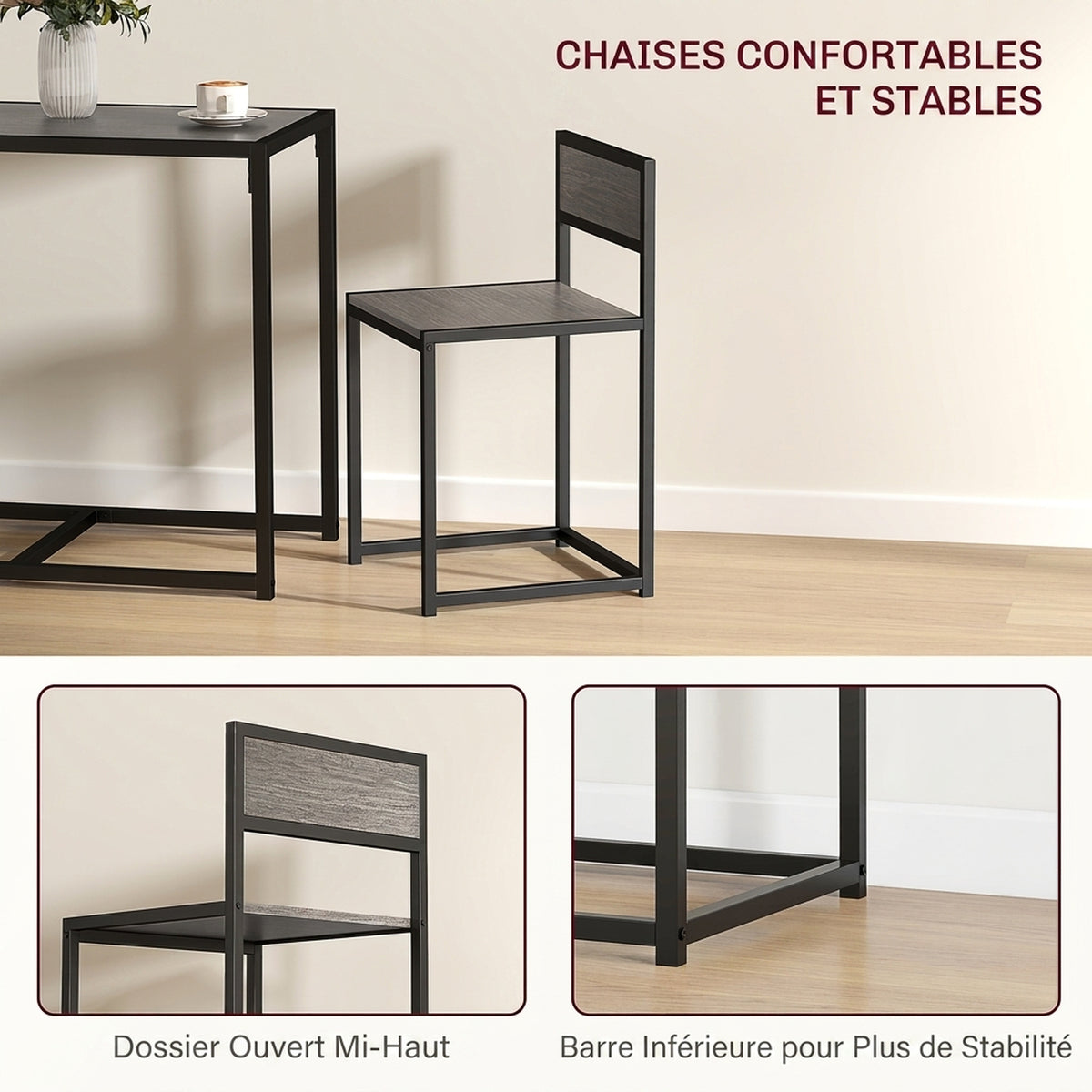 Ensemble table et chaises , table à manger 3 pièces avec 2 chaises encastrables, pour cuisine salon maison, gris-5