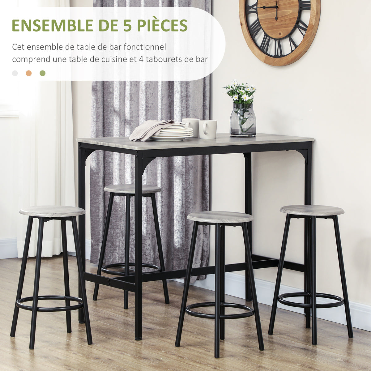 Ensemble table haute et 4 tabourets avec Repose-Pieds, métal noir et aspect bois pour cuisine salle à manger-3