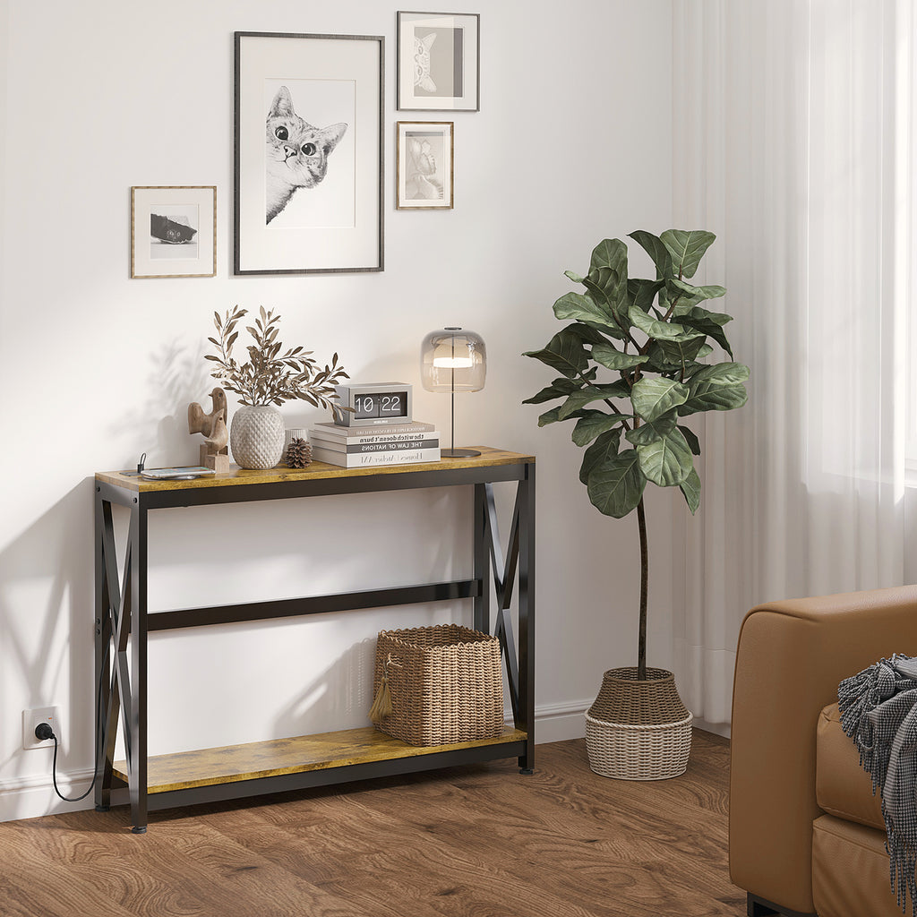 Console meuble étroite à 2 niveaux style industriel avec prises de courant et USB, 100 x 24 x 75 cm, marron-1