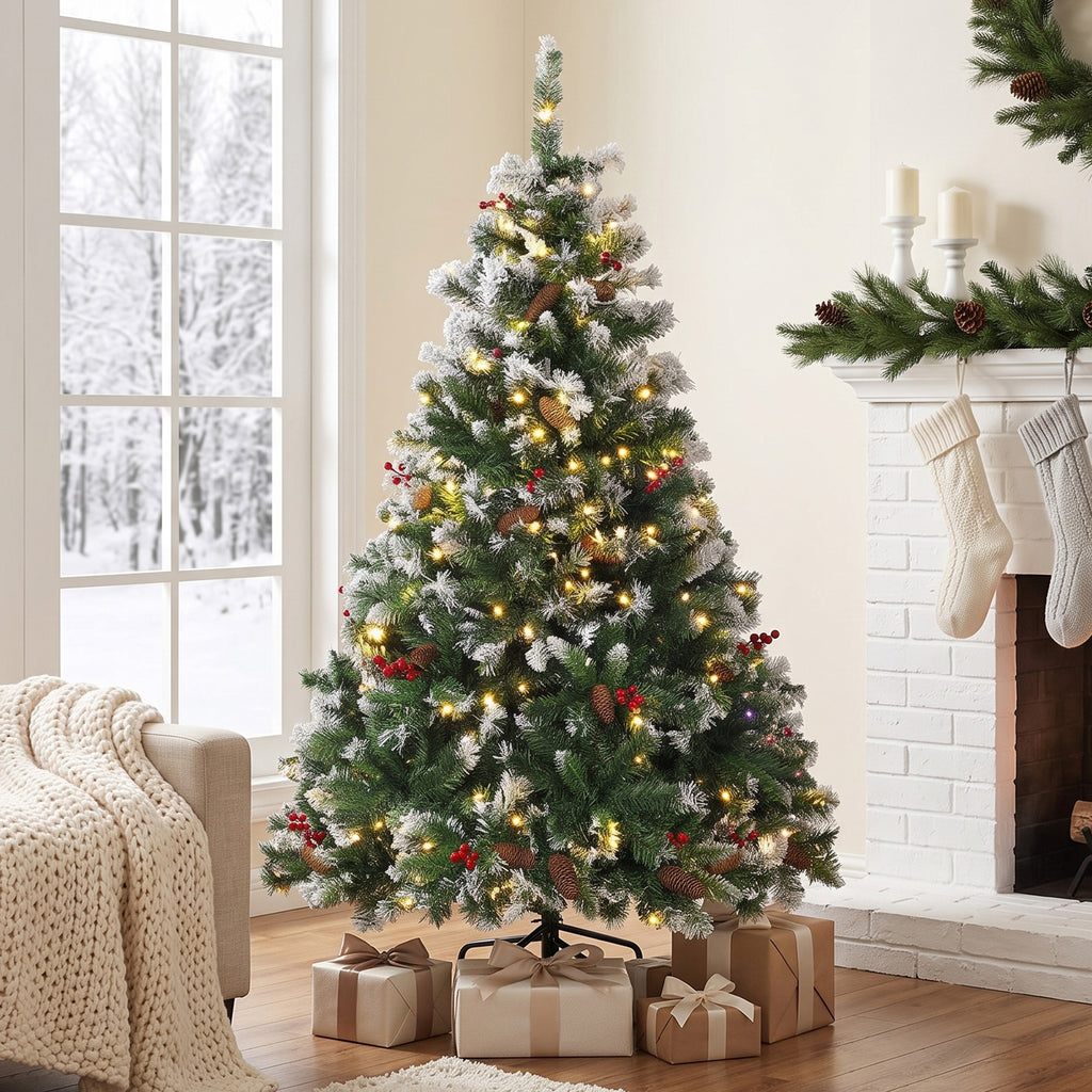 Sapin de Noël Artificiel Lumineux et Enneigé 150cm, Arbre de Noël, Télécommande, 11 Modes d'Éclairage, 210 LED, Vert-1