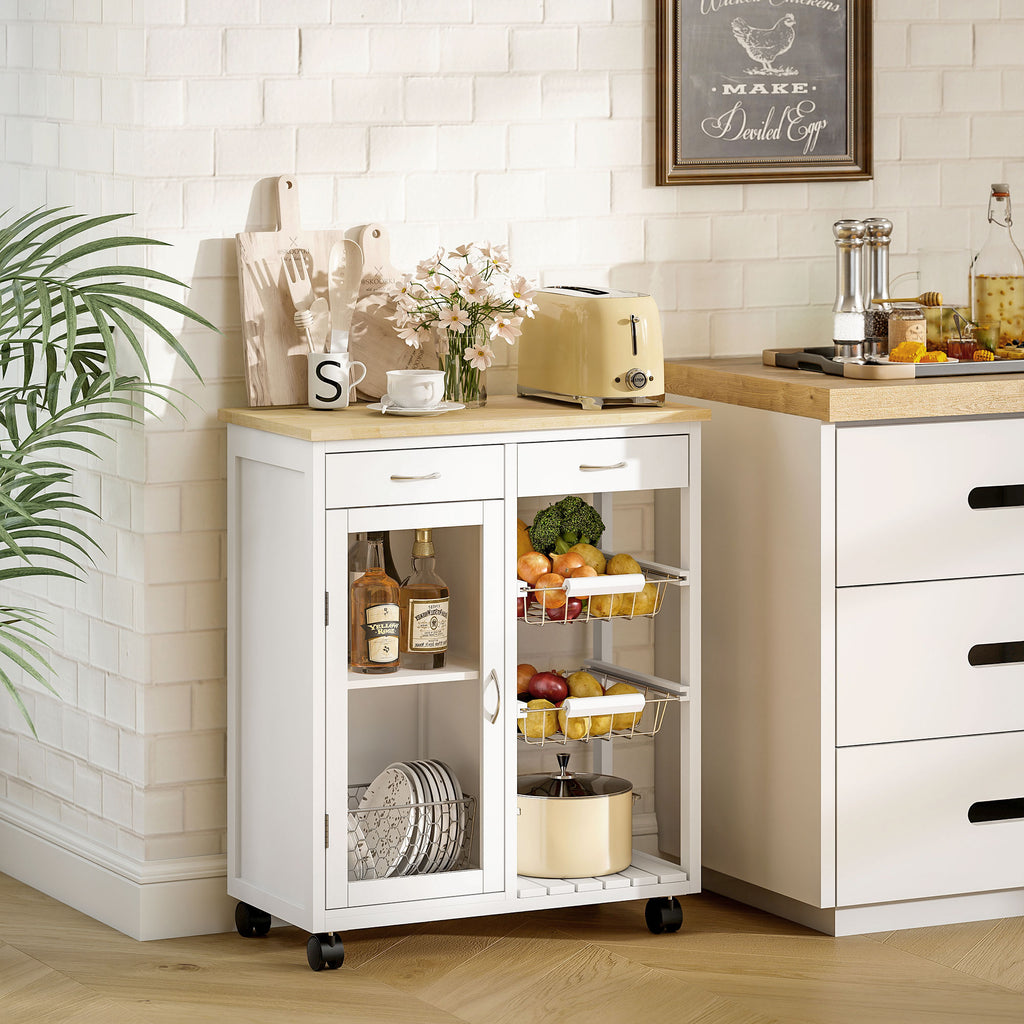 Desserte de cuisine à roulettes, îlot central cuisine avec plateau en bambou, porte vitrée, 67 x 35 x 80 cm, blanc-9