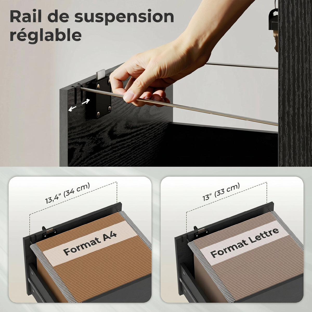 Caisson de Bureau Mobile avec 3 Tiroirs Verrouillables, Caisson de Rangement sur Roulettes, 40 x 40 x 69,5 cm, Noir-4