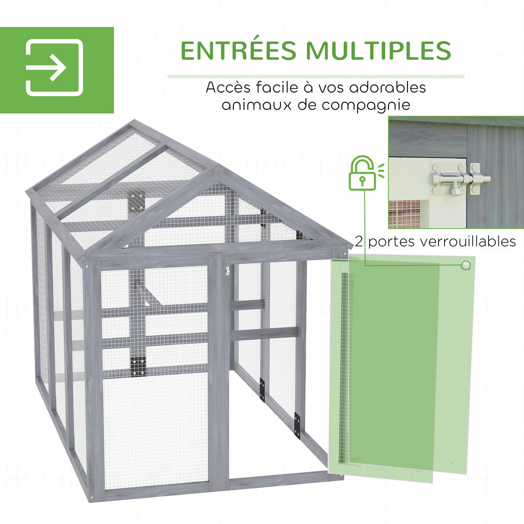Enclos poulailler 1,18 m², parc grillagé avec porte verrouillables, cadre en bois massif, 140 x 88,5 x 106 cm, gris-4