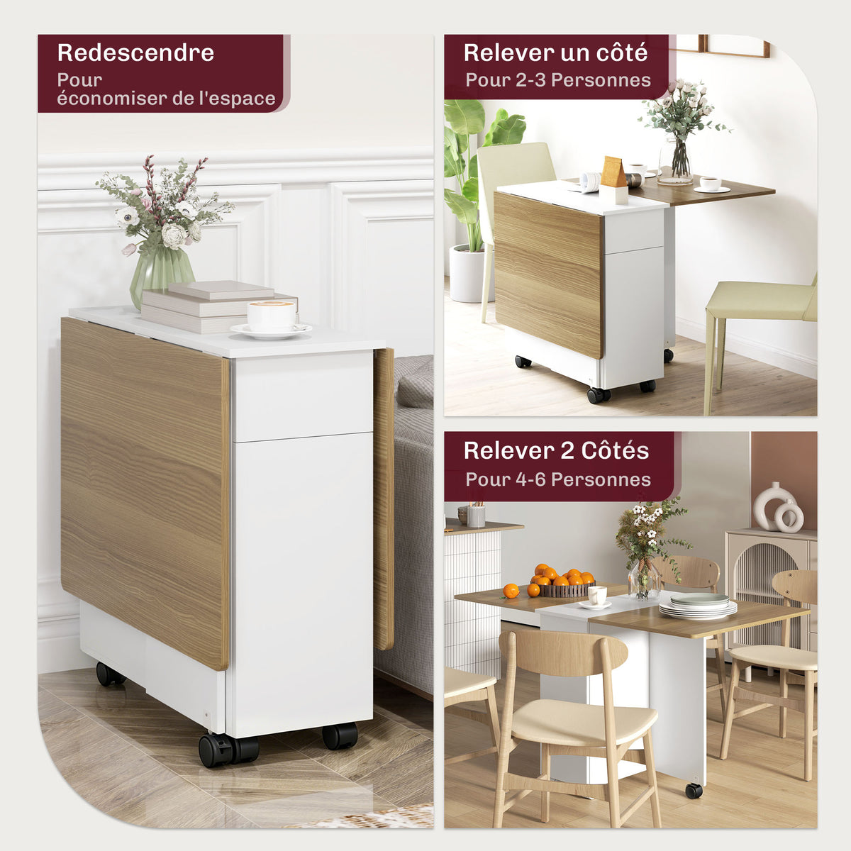 Table à manger pliable pour 6 personnes, table de cuisine sur roulettes avec 2 tiroirs 2 placards, 140x76x74cm, blanc-4