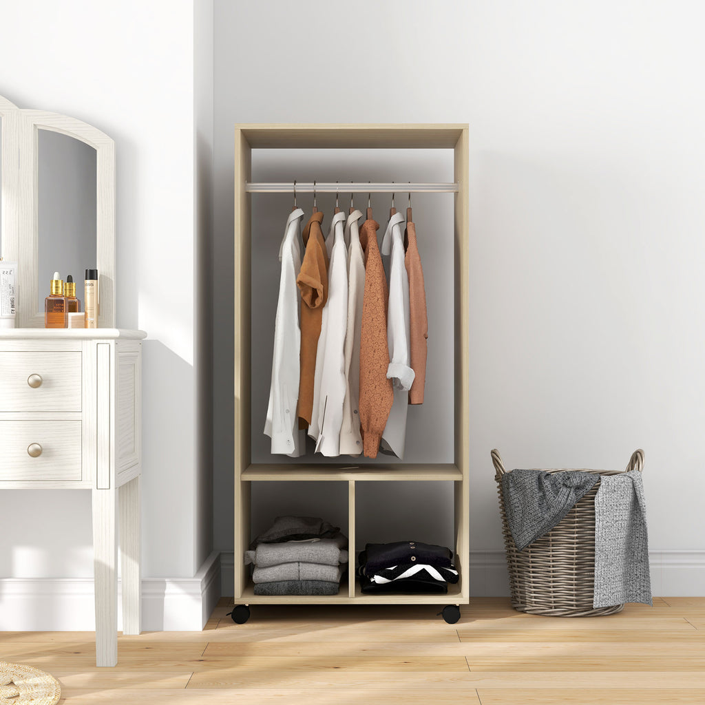 Armoire penderie étagère 2 niches penderie 4 roulettes pivotantes dim. 60L x 40l x 128H cm bois naturel-8