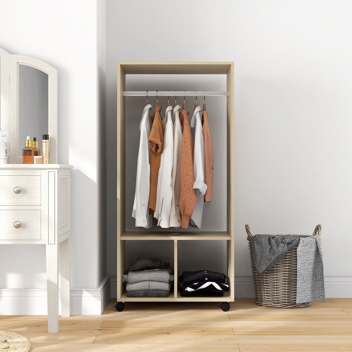 Armoire penderie étagère 2 niches penderie 4 roulettes pivotantes dim. 60L x 40l x 128H cm bois naturel-8
