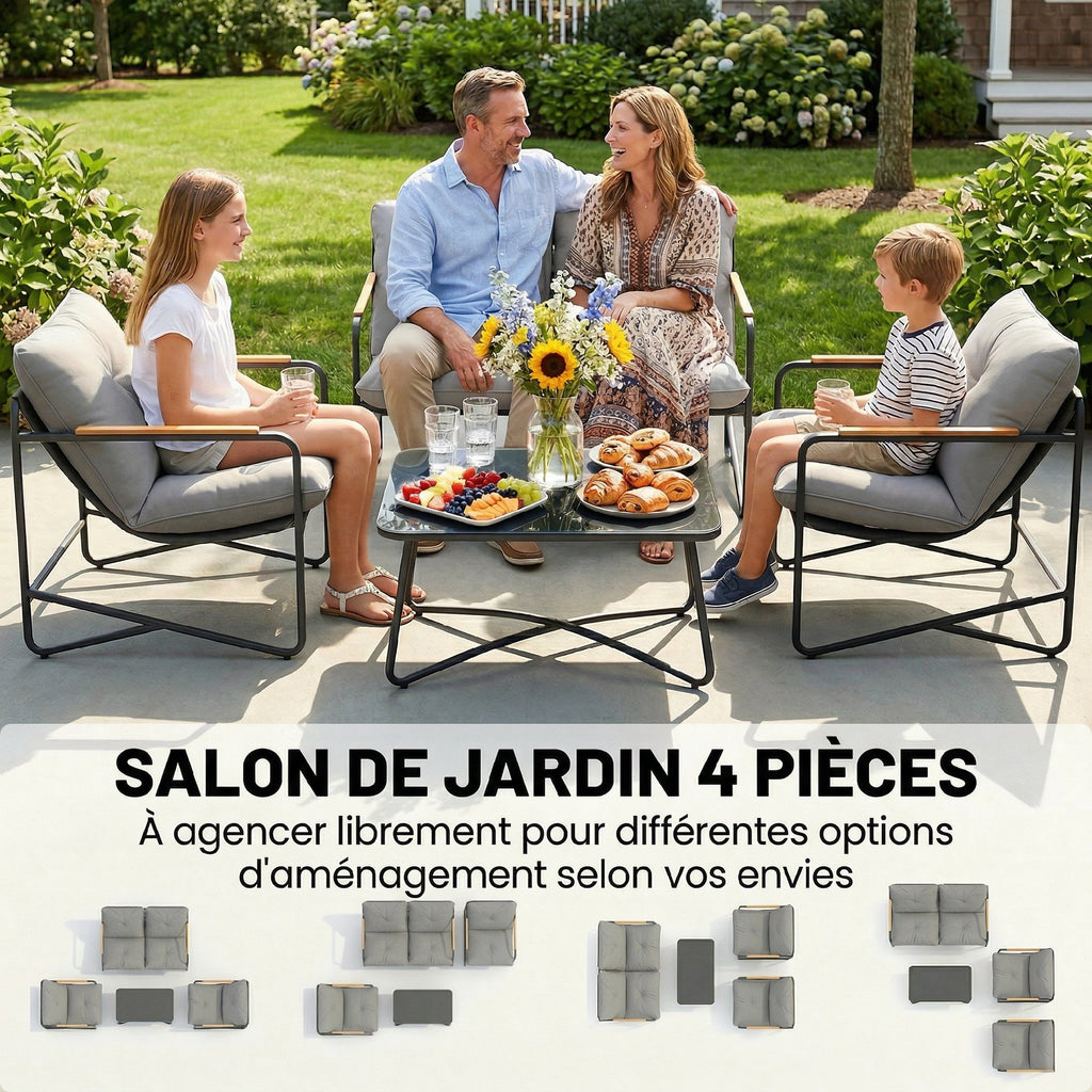 Salon de Jardin 4 Pièces Ensemble avec Canapé 2 Places, 2 Fauteuils et Table Basse Verre Trempé Coussins 13cm Gris Clair-3