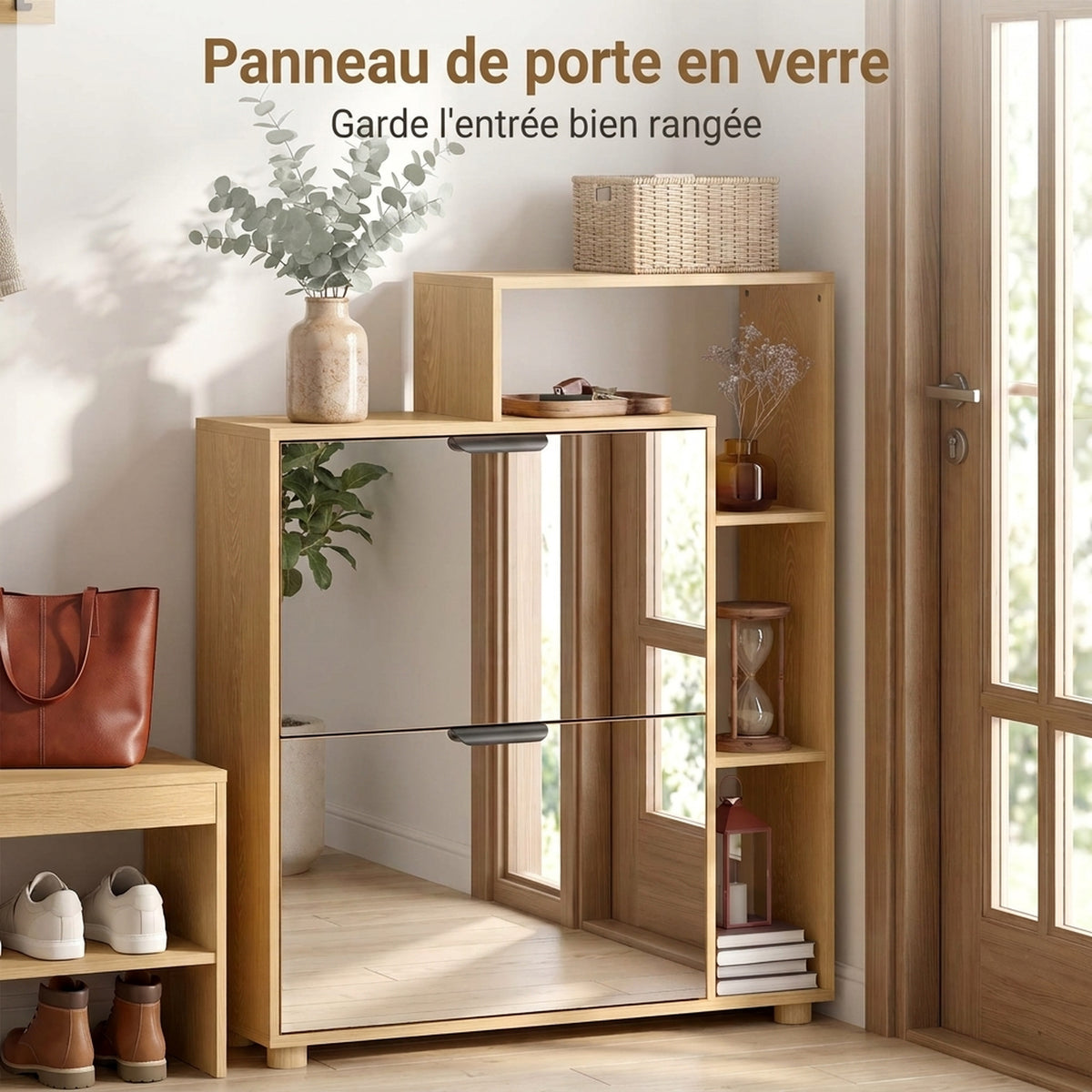 Meuble à Chaussures 10 Paires, Armoire à Chaussures, Portes en Miroir, 2 Tiroirs et Compartiments Ouverts, Chêne-3