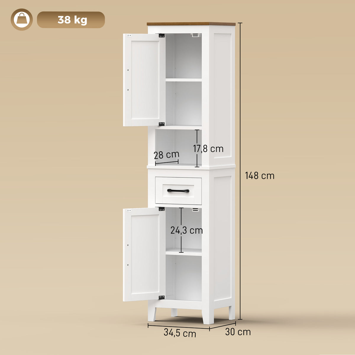 Meuble de salle de bain, meuble de rangement, 2 portes, tiroir, compartiment ouvert et étagères réglables, blanc-2