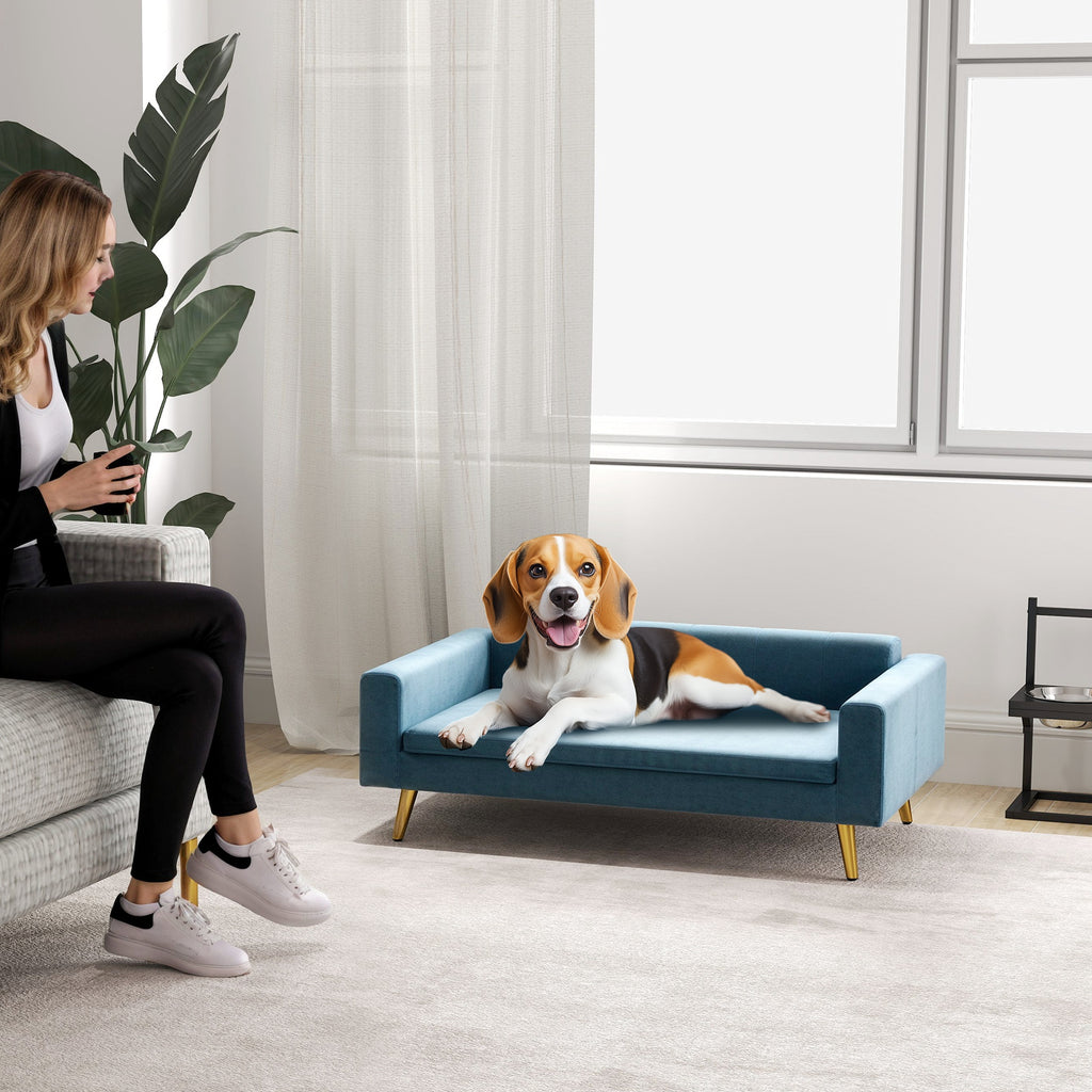 Canapé chien lit pour chien design scandinave coussin moelleux pieds métal doré 94 x 59,5 x 31,5 cm velours soyeux bleu-9