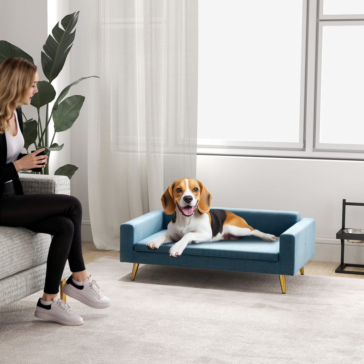 Canapé chien lit pour chien design scandinave coussin moelleux pieds métal doré 94 x 59,5 x 31,5 cm velours soyeux bleu-9