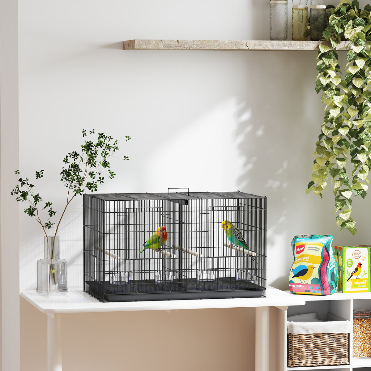 Cage à oiseaux volière intérieur acier avec séparateur 4 perchoirs plateau coulissant 4 mangeoires 76 x 46 x 46 cm noir-9
