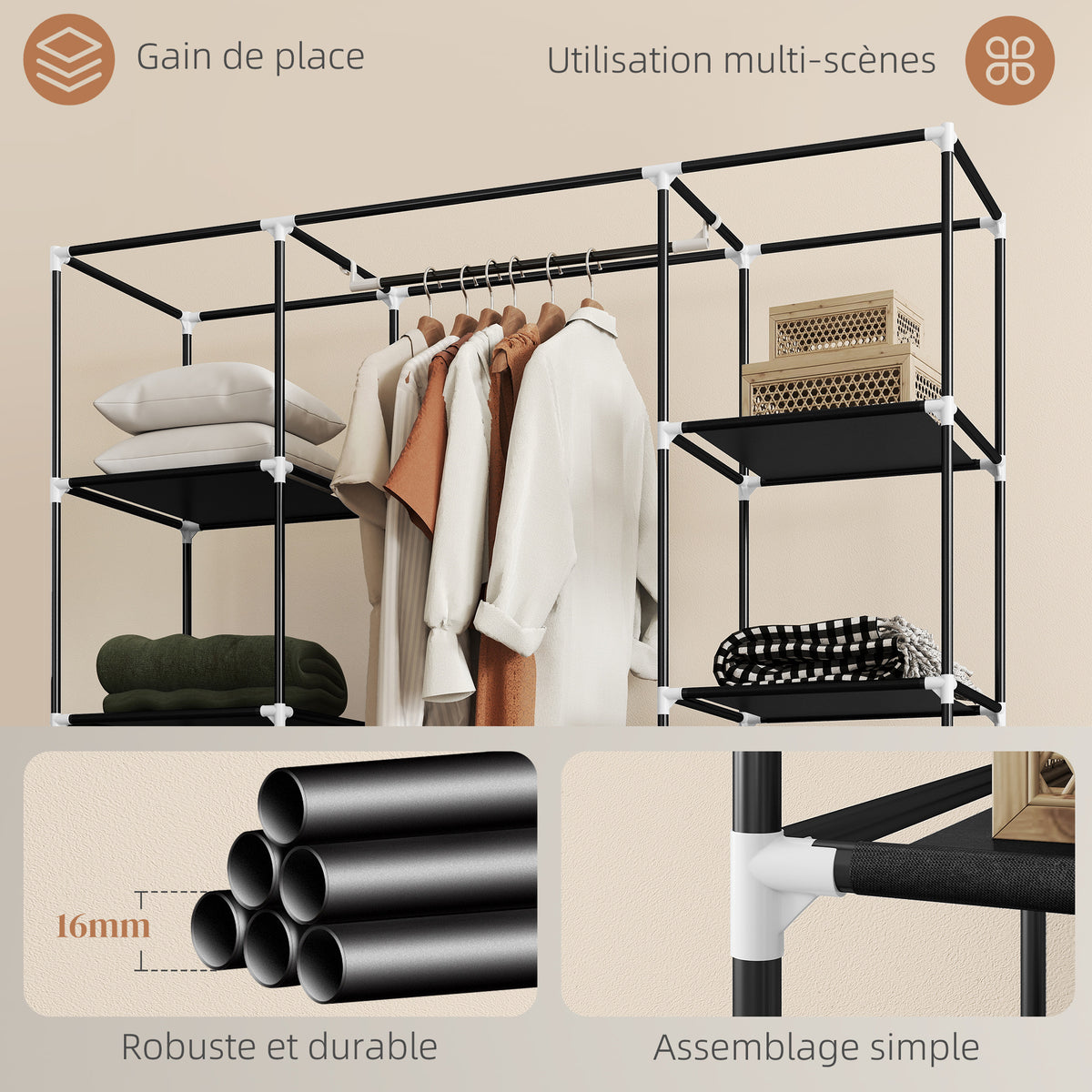 Armoire de rangement penderie en tissu pliable avec barre de suspension et étagères, 150 x 43 x 162,5 cm, noir-5