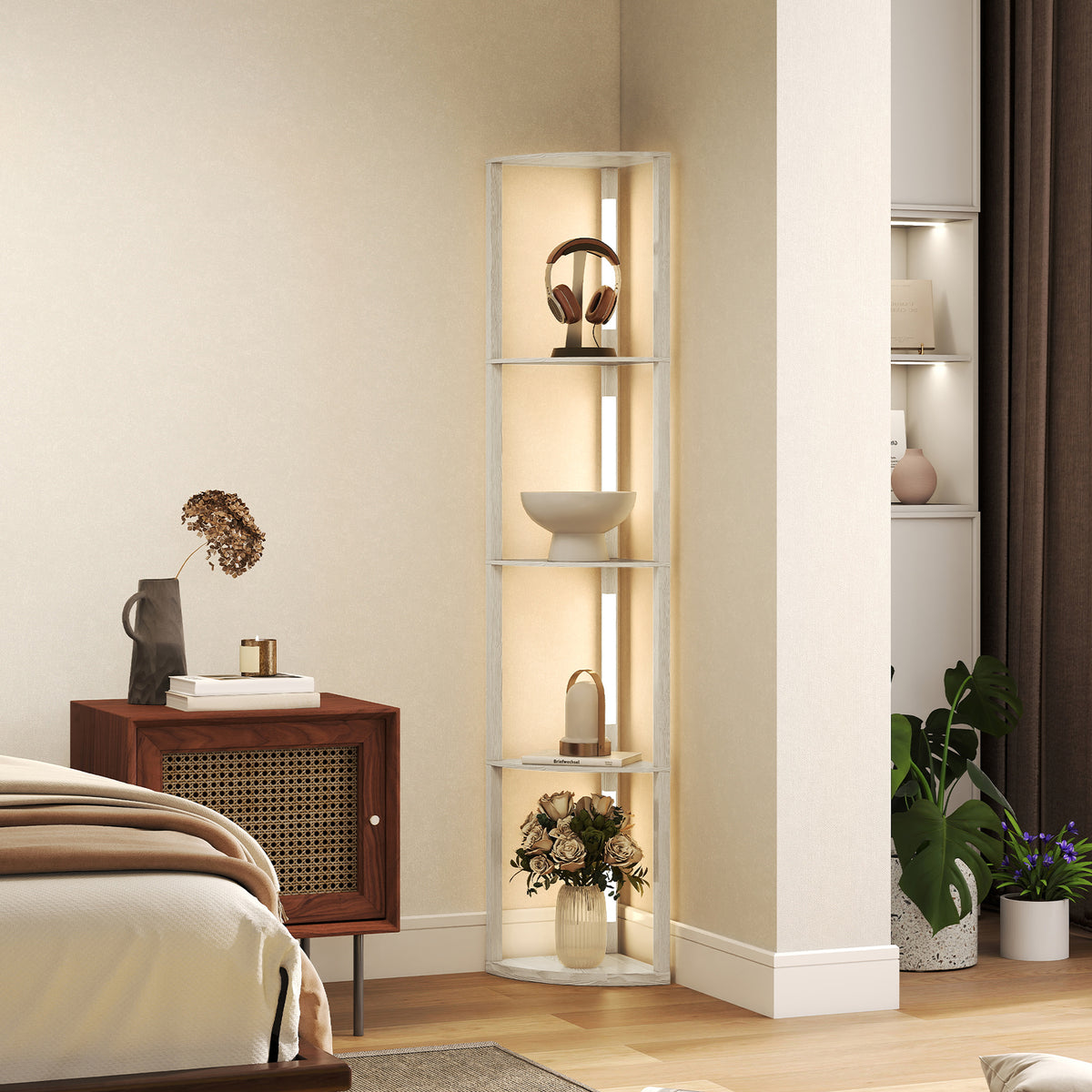 Lampadaire sur Pied Salon, Lampadaire avec Étagères d'Angle à 4 Niveaux, Lampe LED Dimmable, 41x29,5x163,5cm, Chêne-1