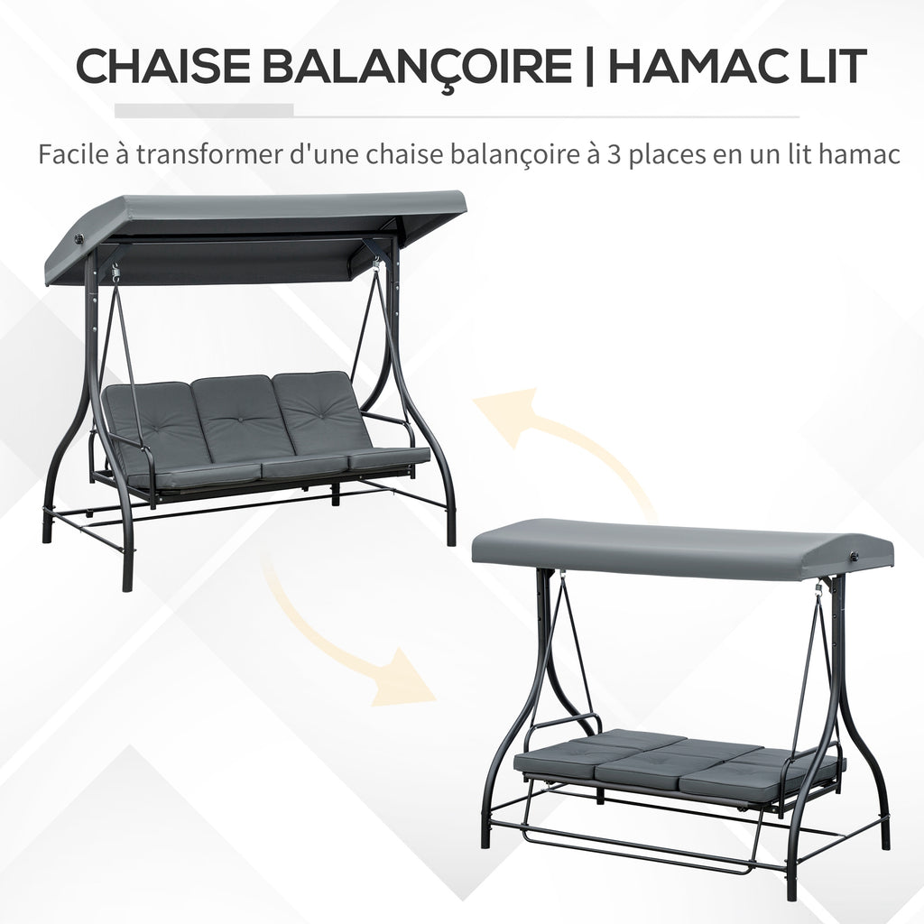 Balancelle de Jardin 3 Places Convertible Inclinaison Toit réglable Matelas Grand Confort Rembourrage 7 cm fourni-4