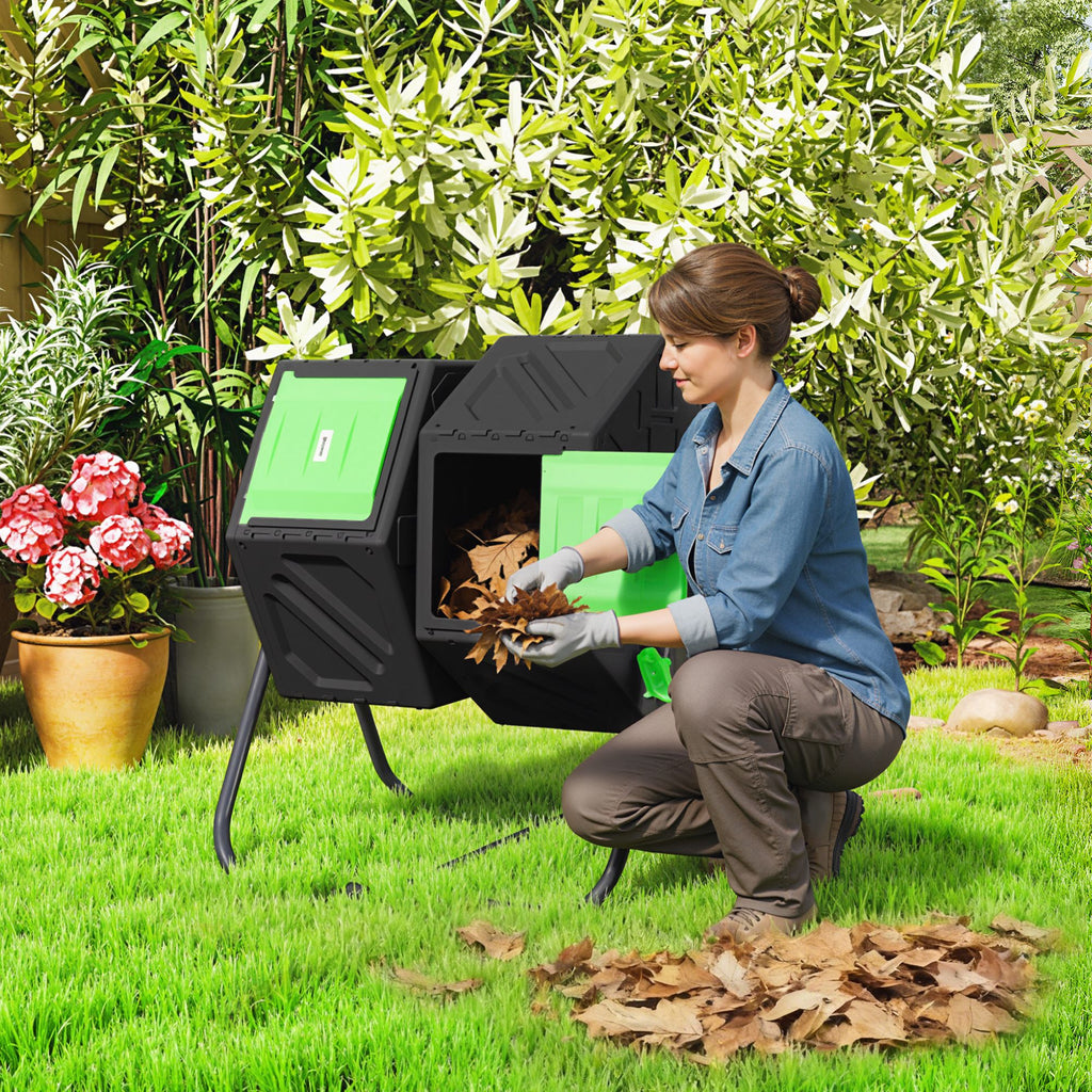Composteur de jardin bac à compost pour déchets rotatif 360° double chambre 130 L acier PP 67 x 60 x 77 cm noir-1
