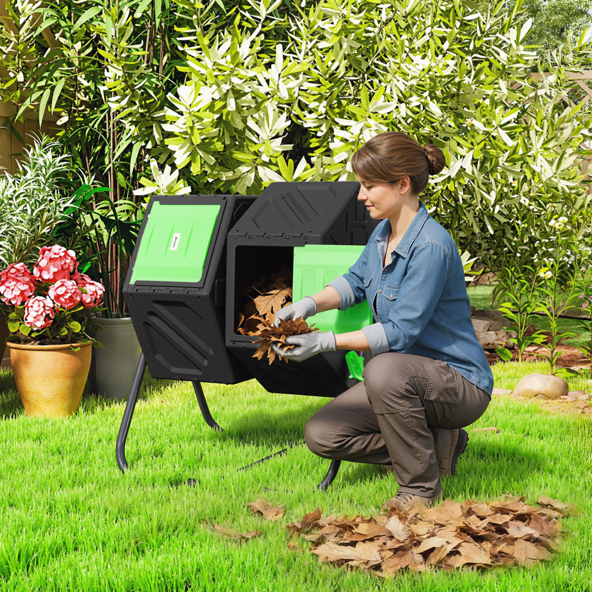 Composteur de jardin bac à compost pour déchets rotatif 360° double chambre 130 L acier PP 67 x 60 x 77 cm noir-1