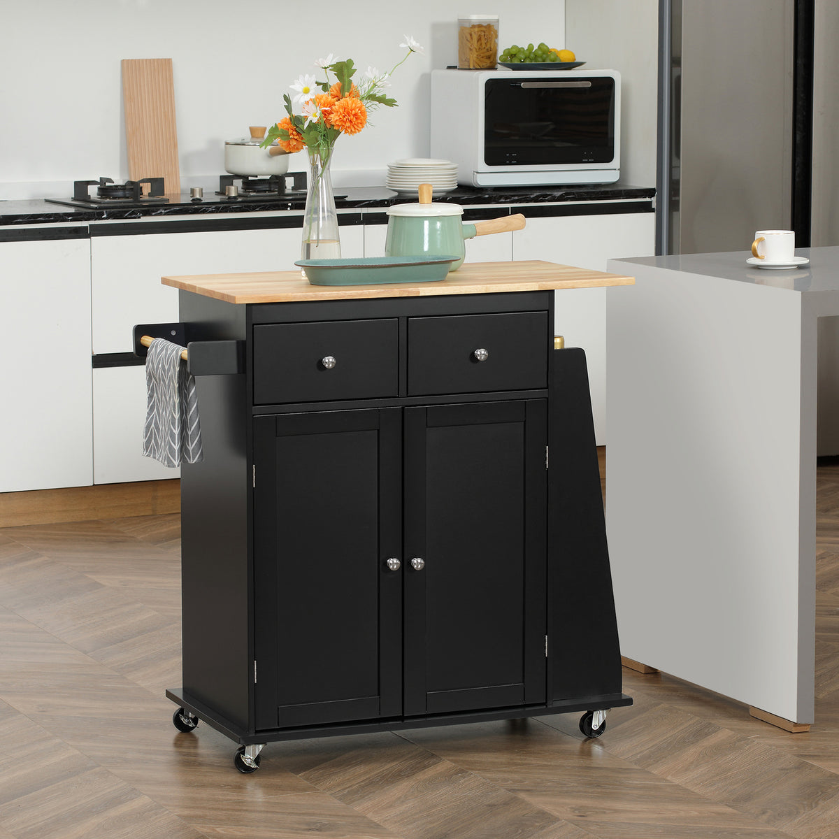 Desserte de cuisine ilôt cuisine avec plan de travail étagère range-bouteilles porte-torchons 2 tiroirs placard 2 portes MDF noir hévéa-1