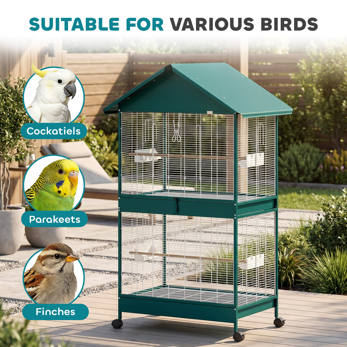 Cage à oiseaux sur roulettes avec séparateur amovible, 4 mangeoires et 2 perchoirs, 2 plateaux coulissants, 94x70x158cm-8