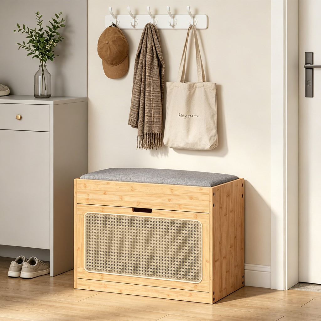 Banc chaussures entrée, banc de rangement en bambou, assise rembourrée, porte en rotin et étagère réglable, bois naturel-9