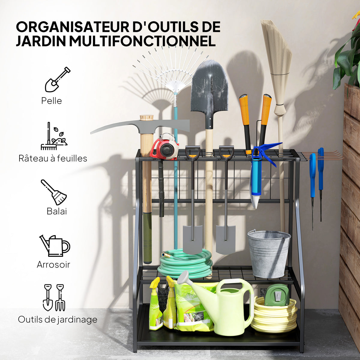 Organiseur d'outils de jardin avec crochets porte-outils de garage à 3 niveaux 84 x 53 x 73 cm orange-4