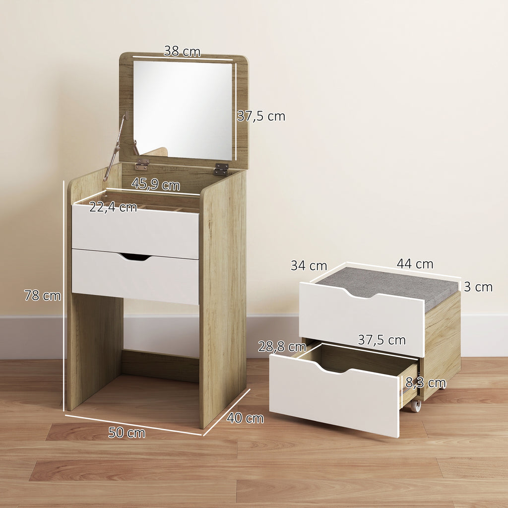 Coiffeuse avec miroir rabattable et tabouret de rangement, table de maquillage, 2 tiroirs, siège rembourré, chêne blanc-2