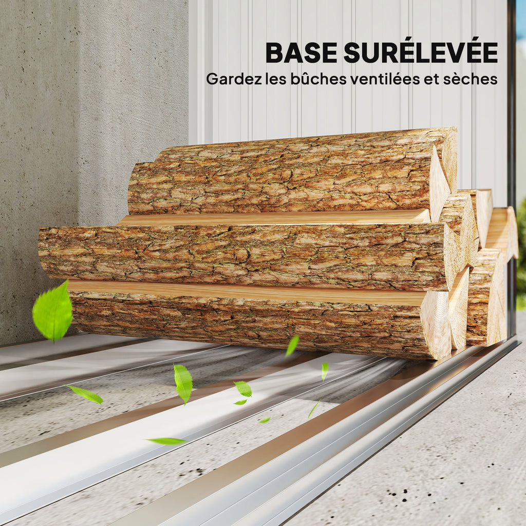 Abri-bûches couvert support pour bois de chauffage plancher surélevé toit incliné, acier galvanisé 213x66,5x150cm gris-4