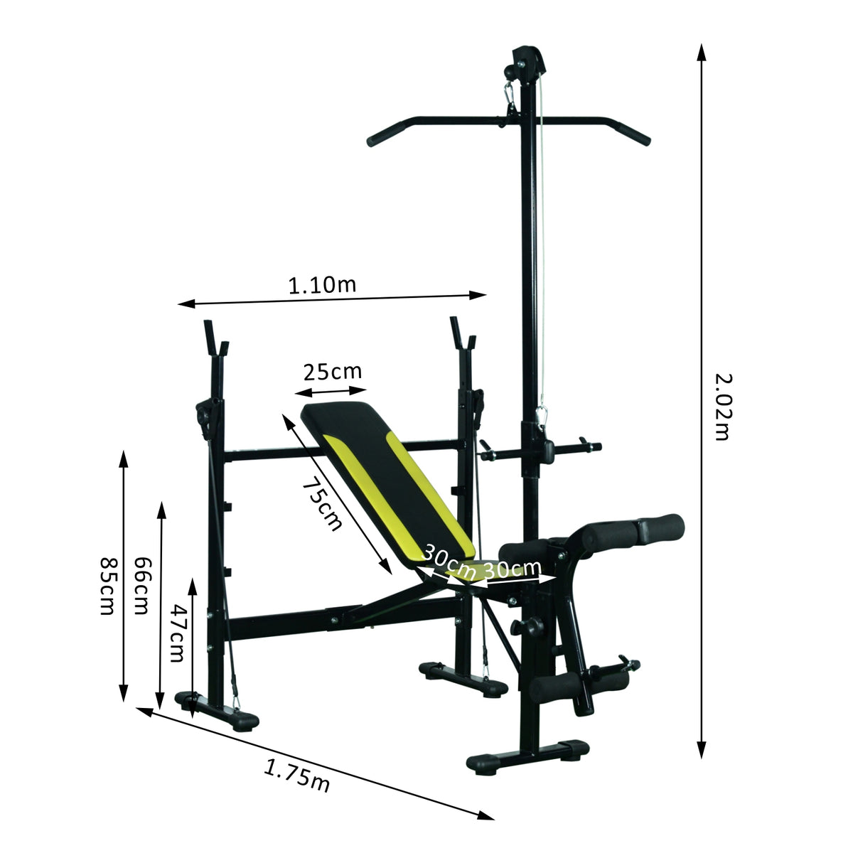 Banc de musculation Fitness entrainement complet dossier réglable cordes traction curler supports barre et haltères noir et jaune-2