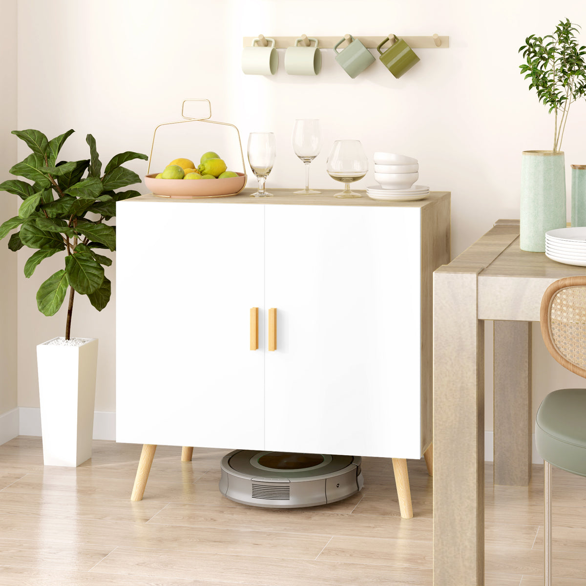 Buffet meuble de rangement avec poignées en bambou étagère ajustable base surélevée 76 x 41,2 x 74 cm blanc bois naturel-9