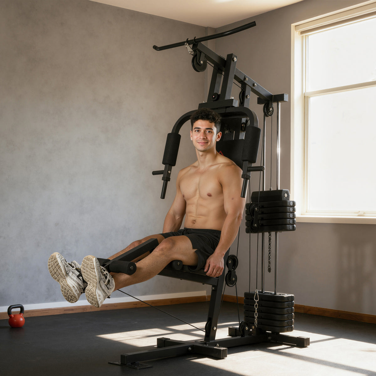 Station de Musculation Multifonction avec Stack de 65 kg, Double Poulie, Noir-9