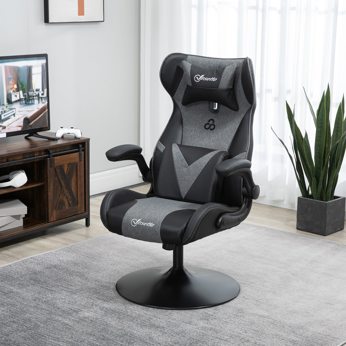 Chaise de gaming ergonomique avec base ronde hauteur réglable accoudoir relevable coussins tétière et lombaires PU gris noir-1