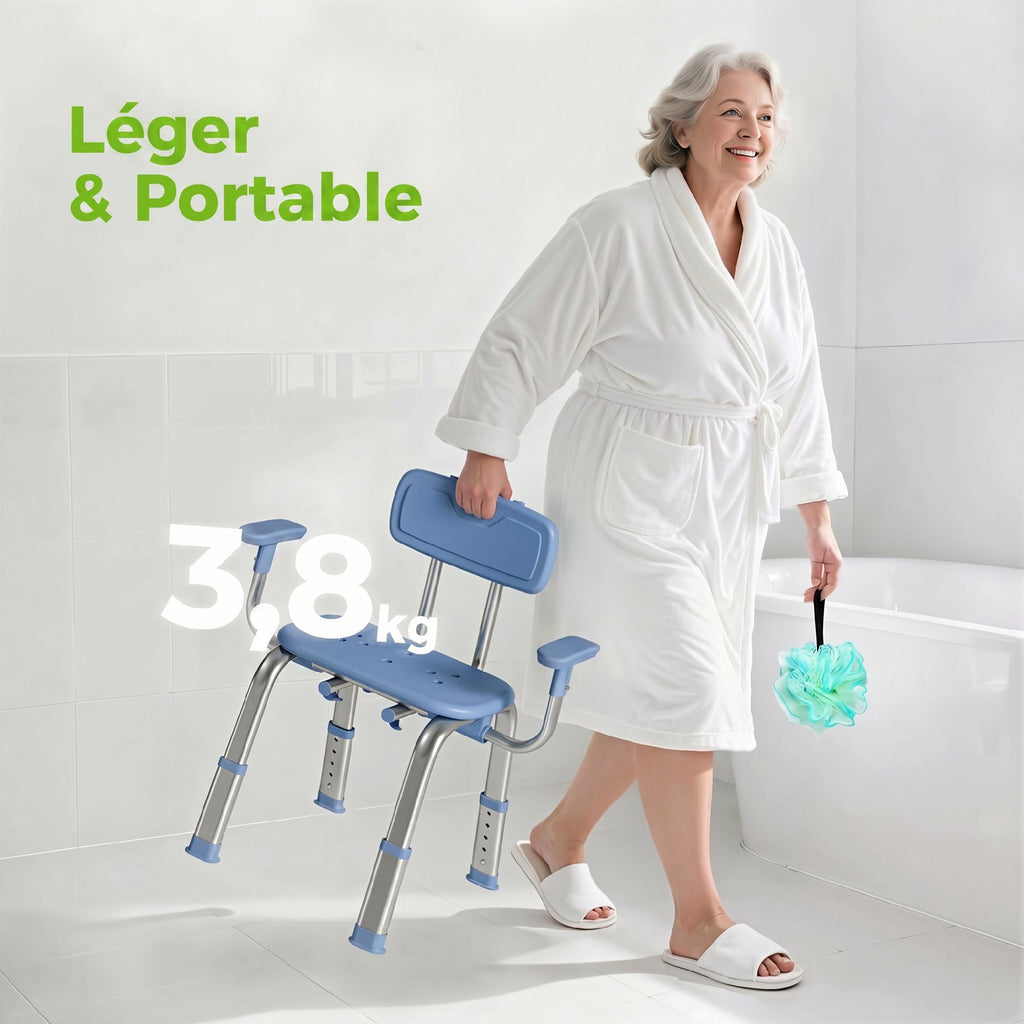 Tabouret de douche chaise de douche ergonomique avec accoudoirs, dossier, hauteur et siège réglables, bleu-5