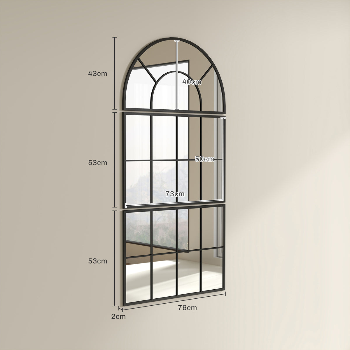Miroir mural arqué miroir mural en forme de fenêtre ensemble de 3 pièces cadre en métal 76 x 43 cm noir-2