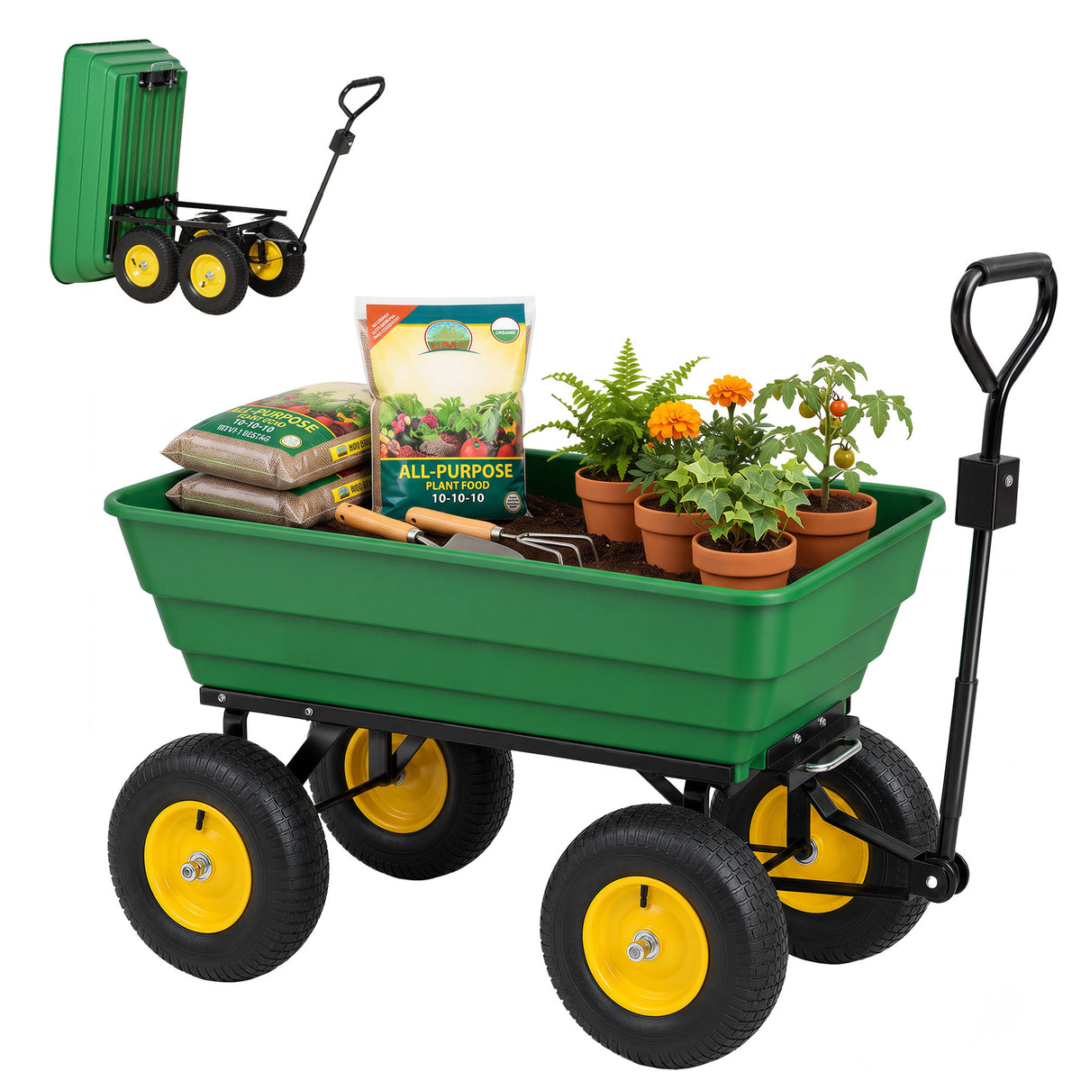 Chariot de Jardin à Main Benne basculante 75° 125L Charge Max. 200 Kg 4 Roues pneumatiques Acier PP Jaune Vert-0