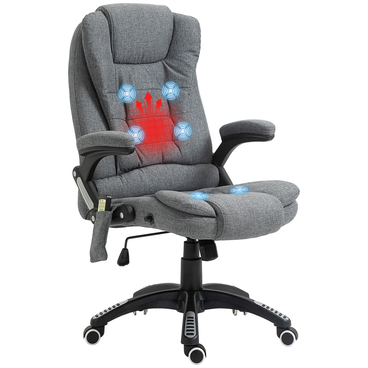 Fauteuil de bureau massant et chauffant, chaise de bureau, chaise ergonomique avec hauteur réglable, dossier inclinable et télécommande filaire, pivotant à 360° tissu en polyester gris chiné-0