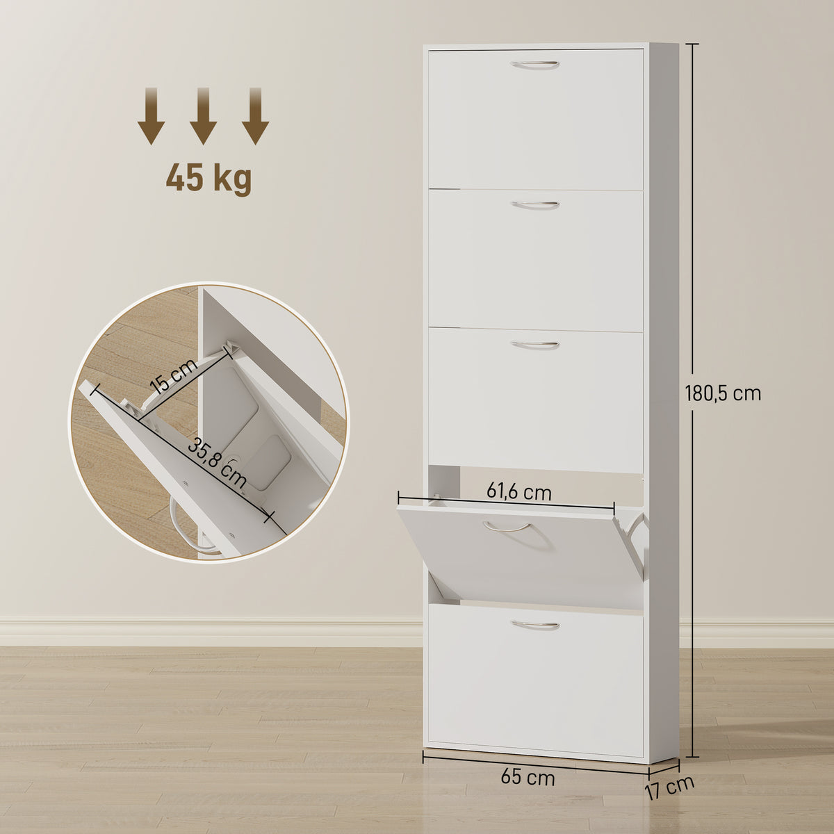 Meuble à chaussures 15 paires, armoire à chaussures étroite moderne avec 5 tiroirs rabattables, 65 x 17 x 180,5 cm blanc-2
