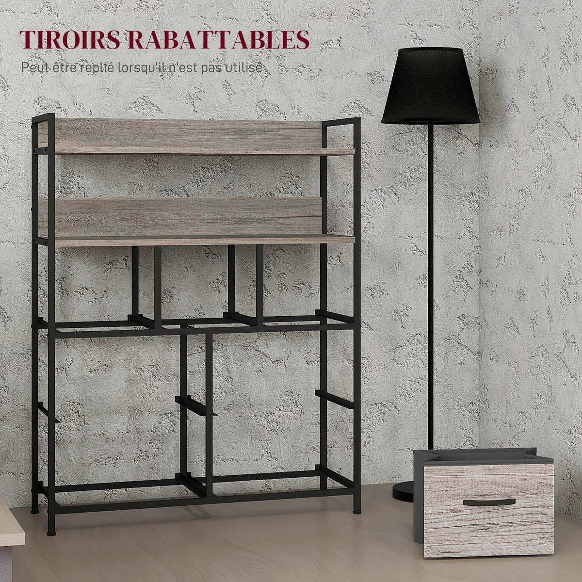 Meuble de rangement commode 7 tiroirs en tissu pliables et amovibles étagères ouvertes, gris-5