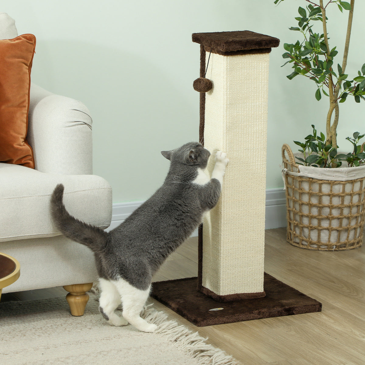 Griffoir pour chat poteau griffoir chat en sisal et peluche, boule suspendue base stable 41 x 41 x 81 cm marron et crème-1