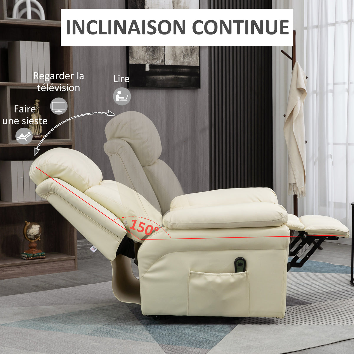 Fauteuil de Relaxation électrique Fauteuil releveur inclinable avec Repose-Pied Ajustable revêtement synthétique Crème-4