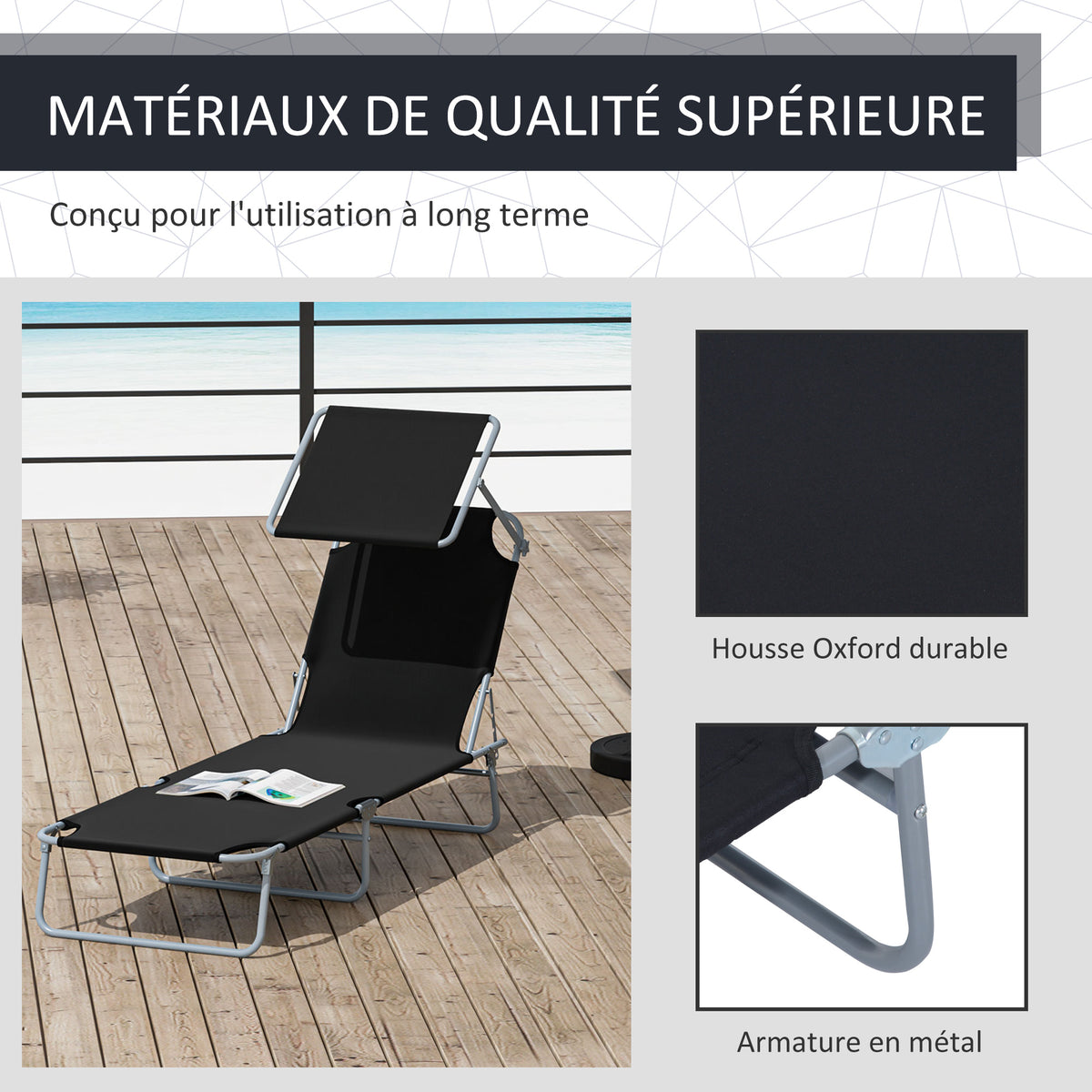 Lot de 2 transats Bain de Soleil Pliable Chaise Longue Pliante Grand Confort Dossier Inclinable Pare-Soleil réglable-6
