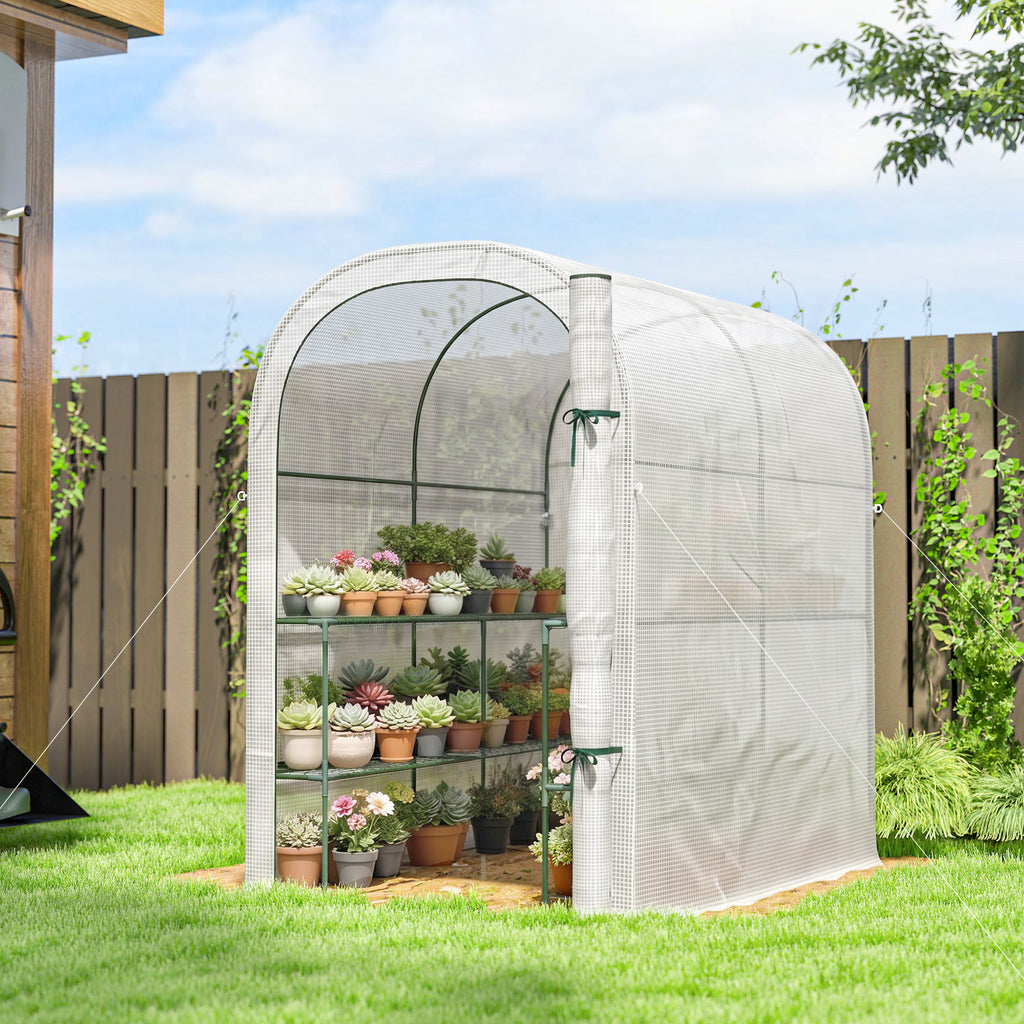 Serre de jardin avec étagères, 123x187x189cm, petite serre avec porte enroulable, bâche PE haute densité 140 g/m², blanc-1