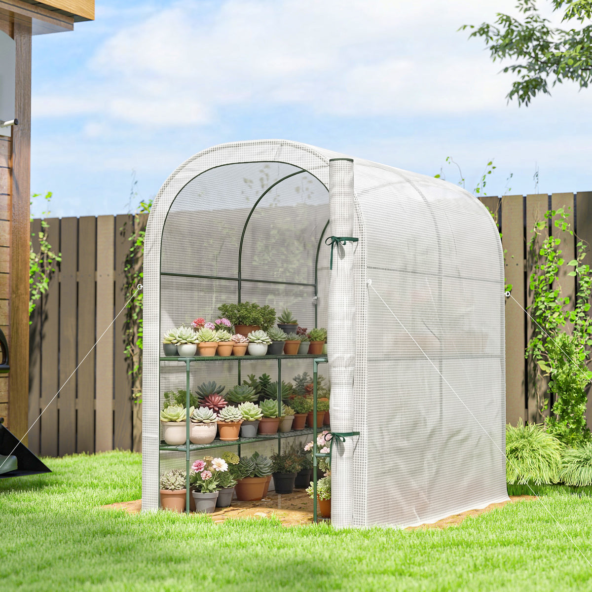 Serre de jardin avec étagères, 123x187x189cm, petite serre avec porte enroulable, bâche PE haute densité 140 g/m², blanc-1
