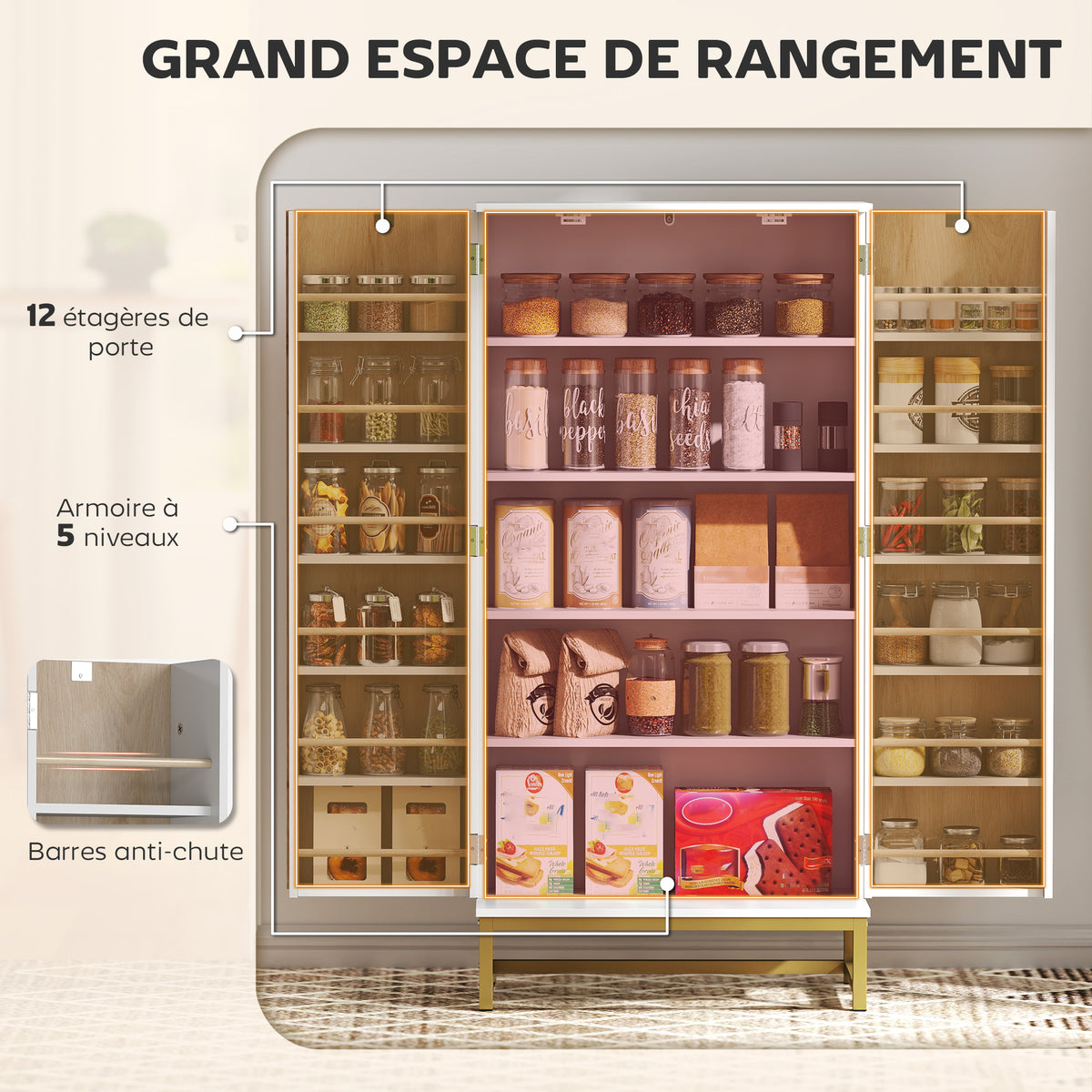 Armoire de cuisine meuble cuisine rangement avec 12 étagères à portes, étagères ajustables, 58x29x119,5cm, blanc-3