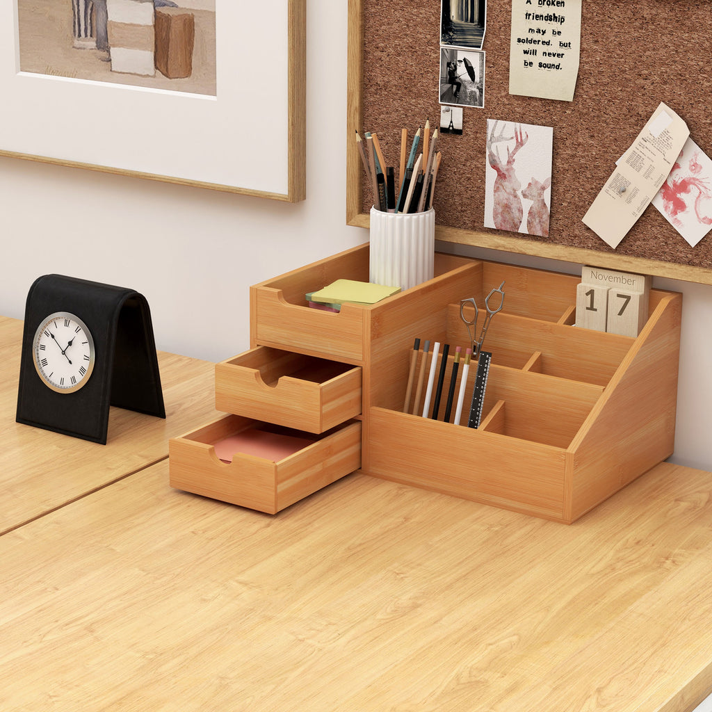 Lot de 2 boîtes de Rangement de Bureau - Organiseur de Bureau - 7 Compartiments, 2 tiroirs - Bambou Verni-7