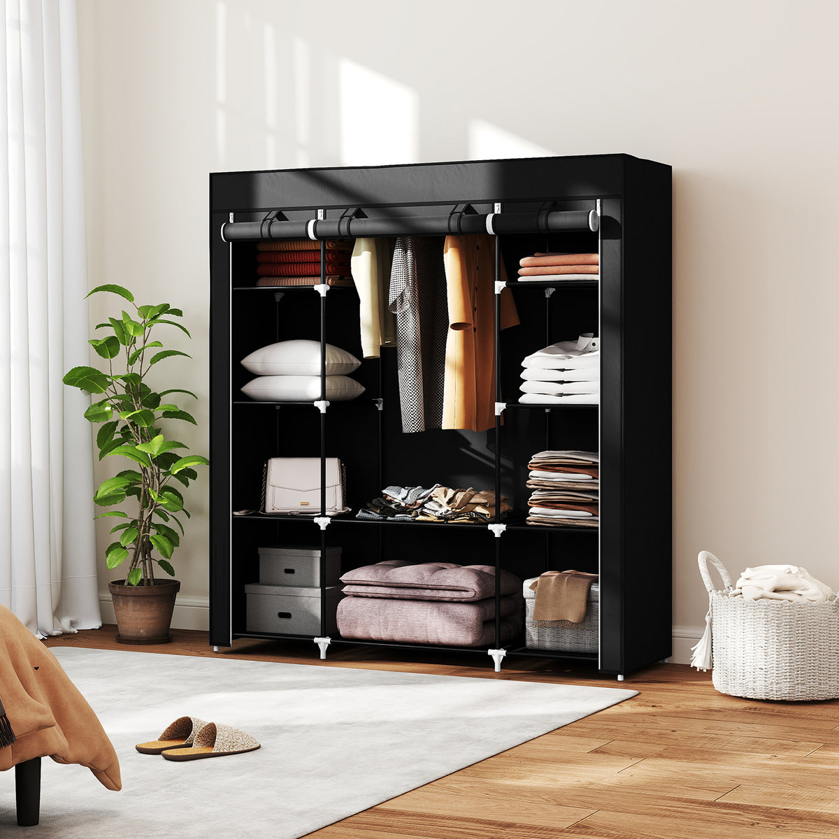 Armoire de rangement penderie en tissu pliable avec barre de suspension et étagères, 150 x 43 x 162,5 cm, noir-9